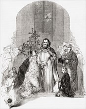 Coronation of Henry IV, 13 October 1399.  Henry IV, 1367 - 1413, aka Henry of Bolingbroke. King of England and Lord of Ireland.  From Old England: A Pictorial Museum, published 1847.