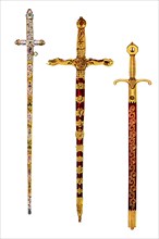 . English: From left to right: The jewelled Sword of Offering, the Sword of State, and the Sword of Mercy (Curtana). 1 British Coronation Swords