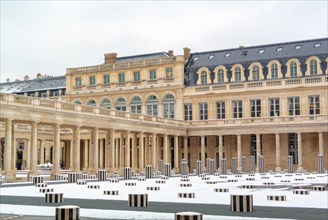 Black and white columns by Daniel Buren and the Conseil d'État, the Constitutional Council, and the Ministry of Culture, Palais Royal, Paris, France