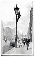 An engraving depicting a London lamplighter and his assistant recharging the reservoirs of oil street lamps. Dated 19th century