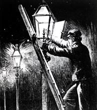 An engraving depicting a lamplighter on his rounds lighting gas street lamps. Dated 19th century