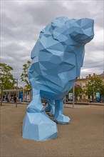 Le Lion de Vailhan on La Bastide at Place de Stalingrad, Bordeaux, France. The large blue lion was created by the French artist Xavier Veilhan in 2005
