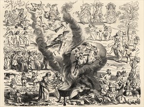 The Witches’ Sabbath based on reports from the Tribunal of Arras, 1460. Naked witches riding brooms and goats, dancing with fauns, holding snakes, playing music, boiling frogs and snakes in a cauldron...