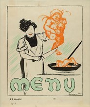 Leonetto Cappiello, menu, paper, lithography, total: height: 27,4 cm; width: 23 cm, signed: in the printing plate: Cappiello, illustrations, caricatures/spot pictures, cook, woman, butcher, butcher, c...