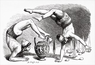 Women who do gymnastics, the dance of swords and the operation of filling vessels with their feet, ancient Greek traditions. Ancient Greece. Old 19th century engraved illustration, El Mundo Ilustrado ...