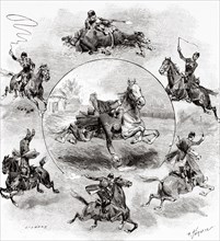 The Kuban Cossacks at the Jardin d’Acclimatation in Paris 1889 France, Europe. Old 19th century engraved illustration from La Nature 1889