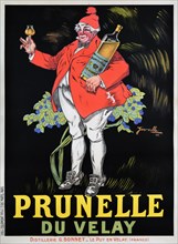Vintage advertisement for alcohol. Prunelle du Velay. Author: Jarville. Distillerie G. Bonnet. French poster, 1922. Man holding a Prunelle bottle.