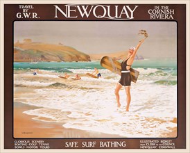 SAFE SURF BATHING – Vintage Travel Poster, Newquay in the Cornish Riviera. Travel by G.W.R.