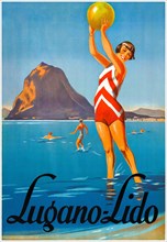Lugano-Lido. Artist unknown. Restored vintage poster published in 1925 in Switzerland.