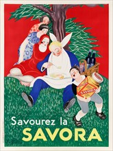 French Poster – Artwork by Leonetto Cappiello. High resolution. Digitally enhanced / improved. "Savourez la Savora" 1930 (mustard-based condiment)