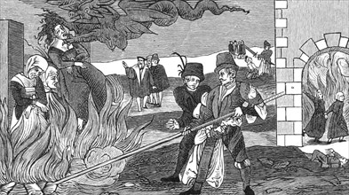 BURNING WITCHES in a German woodcut from 1555. In the background another  is being behead and at right two are shown entering hell