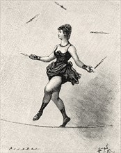 Strength and skill, young girl juggling on a wire at Champs-Elysees circus, Paris. France. Old 19th century engraved illustration from La Nature 1885