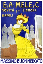 E. & A. Mele & C. Novita per signorà Napoli. Massimo Buono Mercato by Leonetto Cappiello (1875-1942). Poster published in 1902 in Italy.