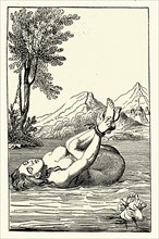The witch test, woman tied up thrown into a river, for witchcraft. After a woodcut from 16th Century