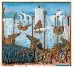 Crusades: King Philip II of France (1165-1223), with his army, departing for the Third Crusade, illuminated manuscript painting by Jean Colombe, circa 1474