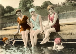 Five Jazz Age Bathing Beauties by a Dock