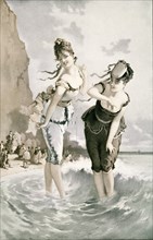 Two young ladies sea bathing in the 19th century.