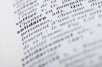 Close up of french dictionary at the word Solidary