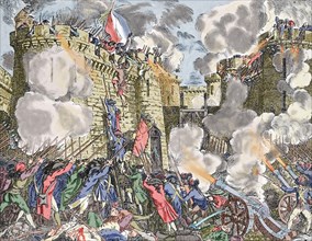 French Revolution. Storming of the Bastille. Paris. France. Morning of 14 July 1789. Engraving. Later colouration.