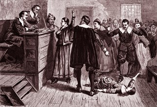 Engraving depicts witchcraft trial. Mary Walcott (1675-1720) is shown here as a witness. Dated 1876