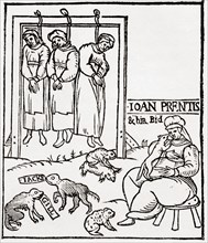 Three witches hanging.  After the title page of a contemporary pamphlet on the third Chelmsford witch trial of 1589.