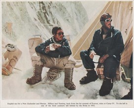 Photo of Sir Edmund Hilary and Sherpa Tenzing Norgay in camp IV during the 1953 Everest Expedition and the succesful summit on 29 May 1953.Scanned photo from The Times Everest supplement published 1...