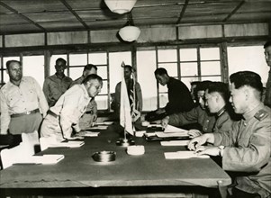 Lt. Gen. William K. Harrison (UN delegation) and Nam IL (Communist delegation) at the Korean Conference, Panmunjom, Korea