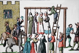 Inquisition. Public hanging of witches. 1678. Edinburg. Engraving.