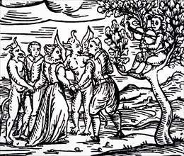 Woodcut print depicting practitioners of witchcraft dancing with demons. Dated 14th Century