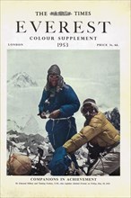 Cover of an original Times Everest colour supplement published in 1953 of Sir Edmund Hillary and Sherpa Tenzing Norgay on the summit of Mount Everest during the  Everest Expedition and the succesful s...