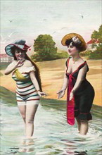 Vintage illustration of two girl friends having summer fun in the sea water. They are wearing