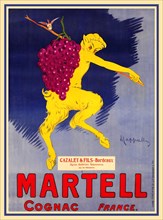 Vintage Cappiello Poster 1905 for French Cognac Martell France Agents Cazalet & Fils-Bordeaux Vertical French wine and spirits poster featuring a yellow satyr (half man/ half goat) carrying a bunch of...