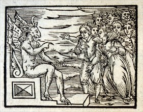 Woodcut illustration from a 1626 Edition of 'Compendium Maleficarum, by Francesco Maria Guazzo. Compendium Maleficarum was a witch-hunter's manual written in Latin, and published in Milan, Italy in 16...