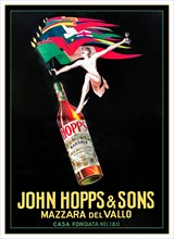 1900’s Vintage Marsala drinks poster advertising by Mario Bazzi (1891-1954), JOHN HOPPS AND SONS First edition lithographic poster, 1923. in the style of Leonetto Cappiello European Flags Flying in a ...