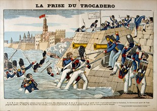 French illustration showing the Battle of Trocadero (Assedio del Trocadero) 1823). The French assault on Fort Trocadero was the only significant battle in the French invasion of Spain. French forces d...
