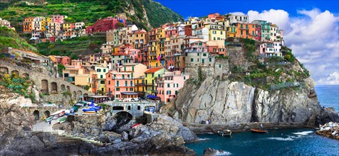 Traditional colorful houses,sea and unique cliffs,Manarola village,Cinque Terre,Liguria,Italy.