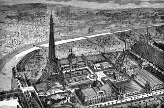 An aerial view of the Paris Exhibition and Eiffel Tower built between 1887 to 1889 as the entrance to the 1889 World's Fair, on the Champ de Mars in Paris, France. The wrought-iron lattice tower is na...