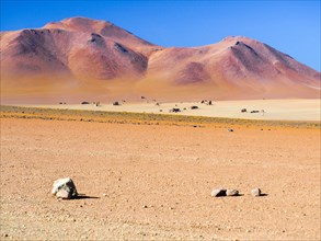Rocky desert of andean altiplano. Salvator Dali desert in Eduardo Avaroa National Park, Bolivia, South America.