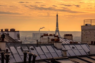 Paris, France - February 11, 2021: Rare snowy day in Paris. Parisian roofs covered with snow and the Eiffel Tower in the background, view from the Mon