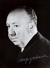 Alfred Hitchcock portrait, signed, black and white