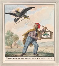 Napoleon caught by Carnot, 1815; Napoleon in the hands of carnot. Lazare Carnot, with Jacobian hat, holds a small figure of Napoleon caught in a rat trap. In the fall there is an orange apple as bait....