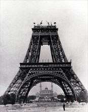 The 19th century vintage photo of construction work of the Eiffel Tower with Palais du Trocadéro on the background. 1888. Paris, France.