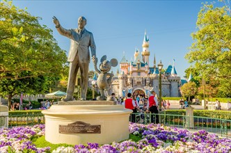 ANAHEIM, CALIFORNIA, AUGUST 27: W. Disney and Mickey Mouse Statue at Disneyland Park., on August 27, 2012. This Park opened on July 17, 1955. It is th