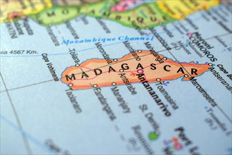 Madagascar Travel Concept Country Name On The Political World Map Very Macro Close-Up View Stock Photograph