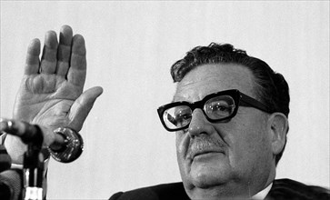 Salvador Allende, Chilean politician and president of Chile, during a press conference at the Chilean Embassy in Buenos Aires, Argentina. He attended the Héctor J. Cámpora inauguration as President of...