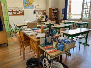 Paris, France, View Inside Empty French Grammar Elementary School Classroom