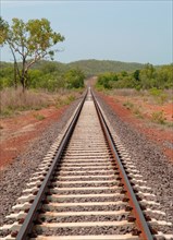 Straight railway track on the Alice Springs to Katherine Rail line carrying The Ghan,