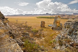 View of a Land Rover parked on the plains of Isalo National Park in southern Madagascar.