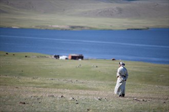 Mongolia landscape with one man, Tsagaannuur, Khövsgöl, Mongolia