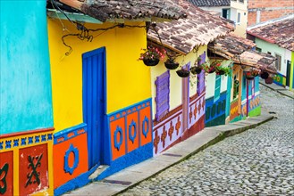 Brightly colored street in town of Guatape in Antioquia, Colombia
